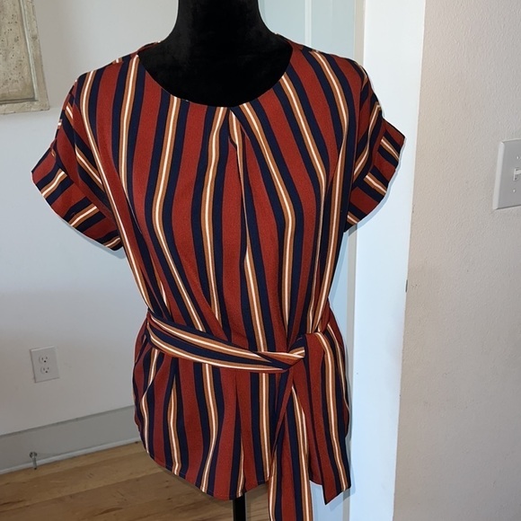 Monteau Sz L waisted tie front elastic back short sleeves stripes - Picture 2 of 5